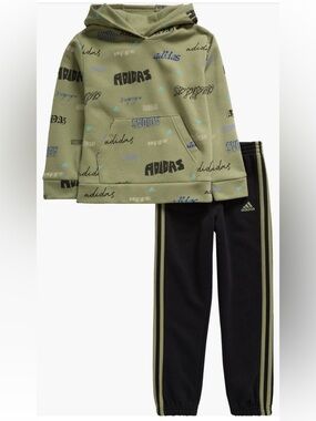 adidas Olive Graphic Hoodie with Black Track Joggers Set Sz 3T